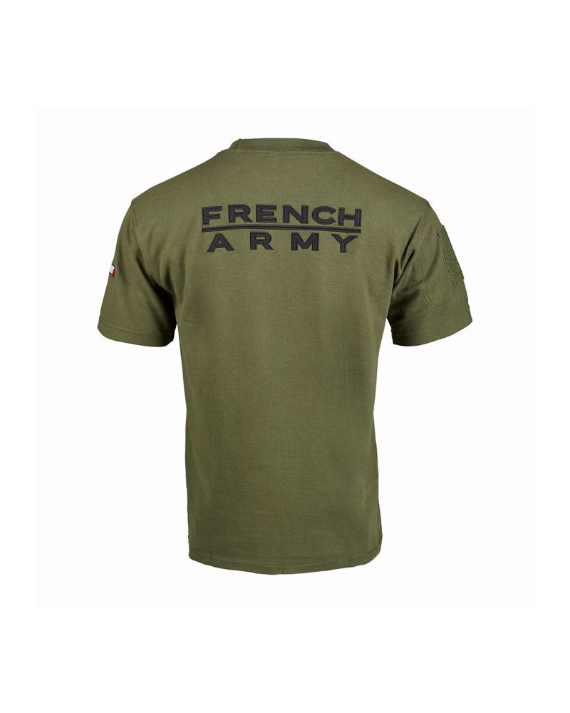 T-shirt French Army Kaki - A.R.E.S : Style militaire en polycoton, broderie "FRENCH ARMY", drapeau français, poche zippée.