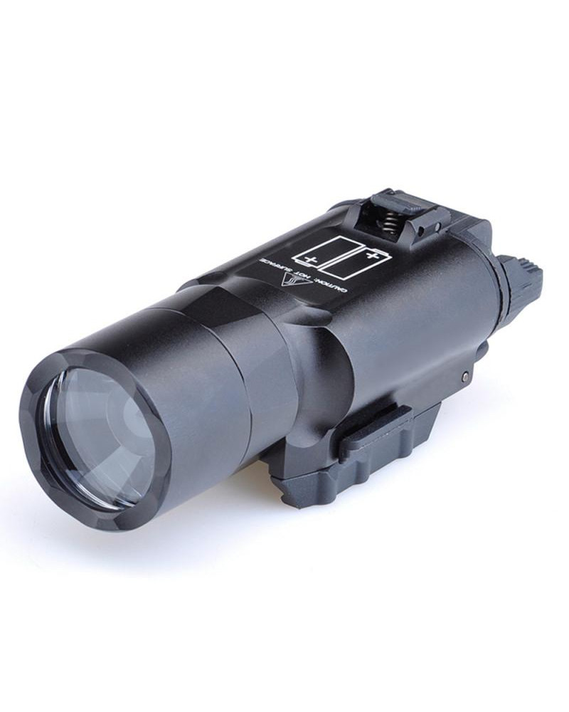 Lampe tactique X3U WASDN noire montée sur un pistolet avec rail