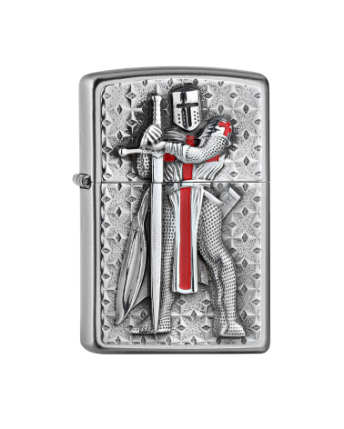 Briquet Zippo Templier II – Finition Satin Chrome, emblème chevalier, coupe-vent, rechargeable, garanti à vie